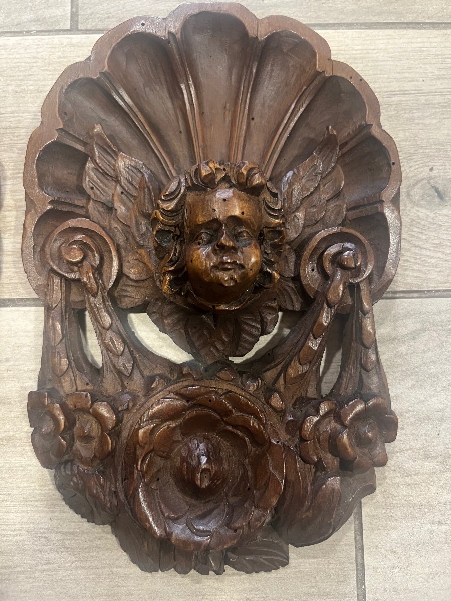 Pair Of Carved Wood Alsace XVII Angel Head -photo-3