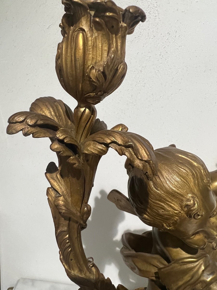 Pair Of Napoleon III Period Candlesticks Gilded Bronze Putti With Two Branches -photo-5