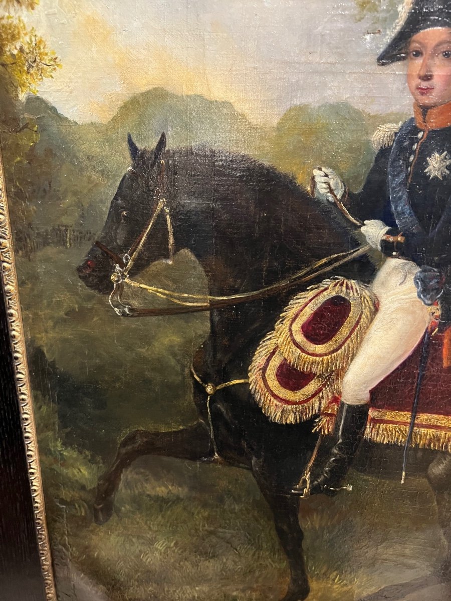 Peinture Ancienne Jeune Prince Sur Son Cheval Noir-photo-8