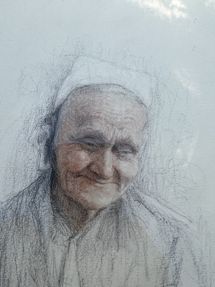 Pastel Drawing Signed Jean Scherbeck Smiling Old Woman-photo-3