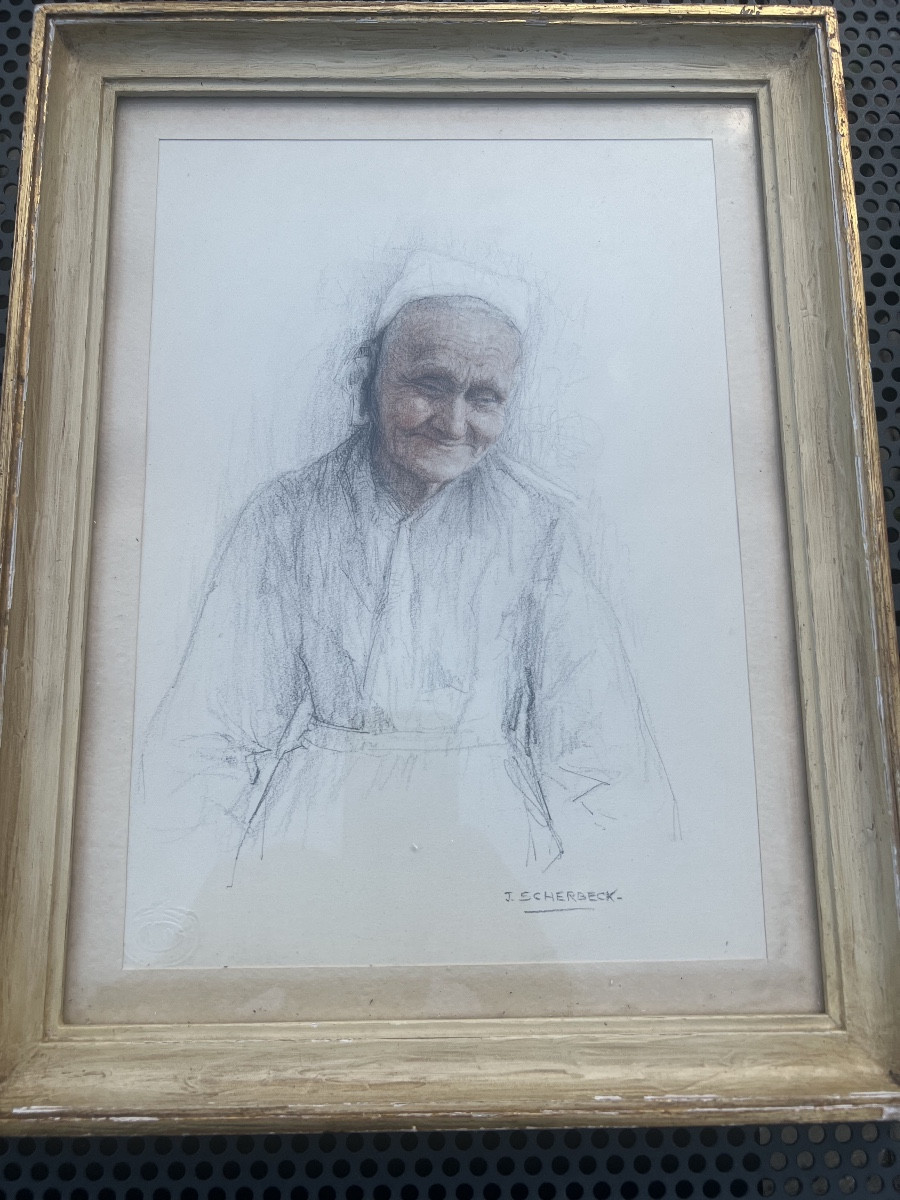 Pastel Drawing Signed Jean Scherbeck Smiling Old Woman-photo-1