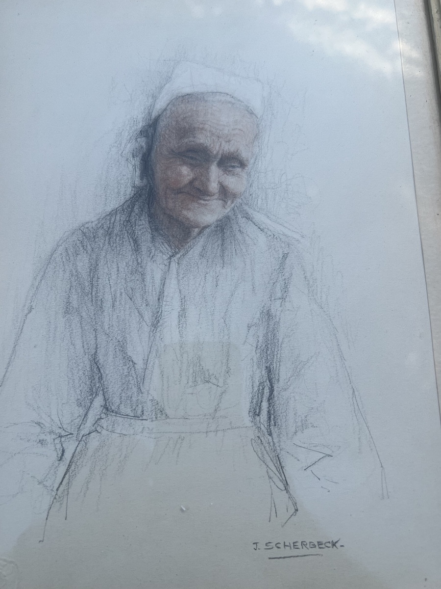 Pastel Drawing Signed Jean Scherbeck Smiling Old Woman-photo-8