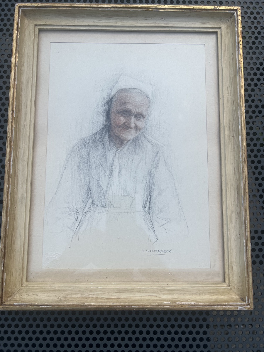 Pastel Drawing Signed Jean Scherbeck Smiling Old Woman