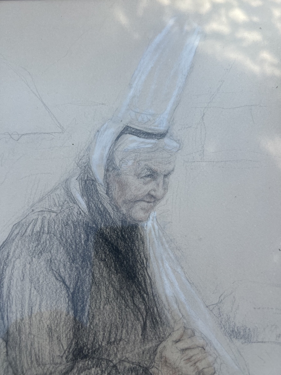 Breton Pencil And Gouache Drawing By Praying Signed J. Scherbeck-photo-2