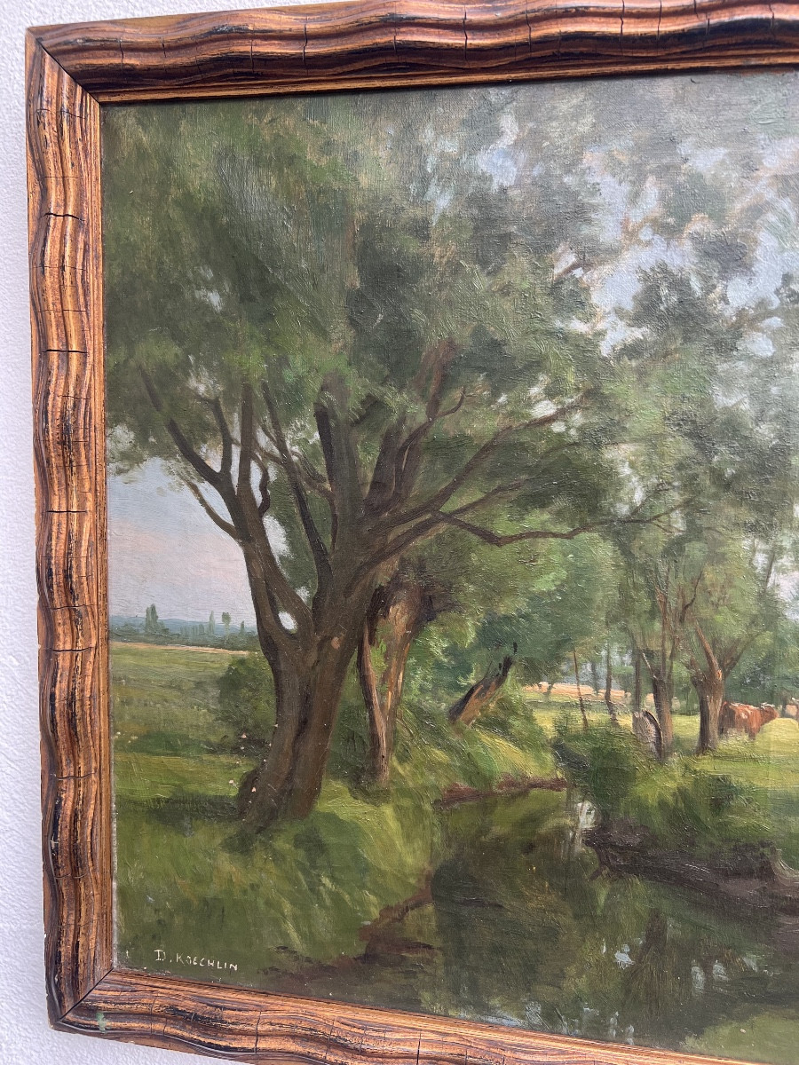 Oil On Canvas Signed D. Koechlin Landscape With Cows-photo-4