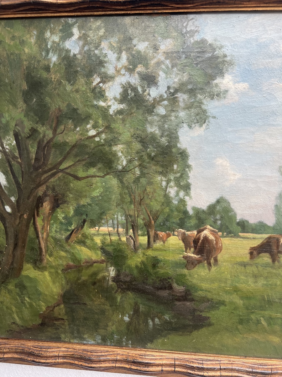 Oil On Canvas Signed D. Koechlin Landscape With Cows-photo-8