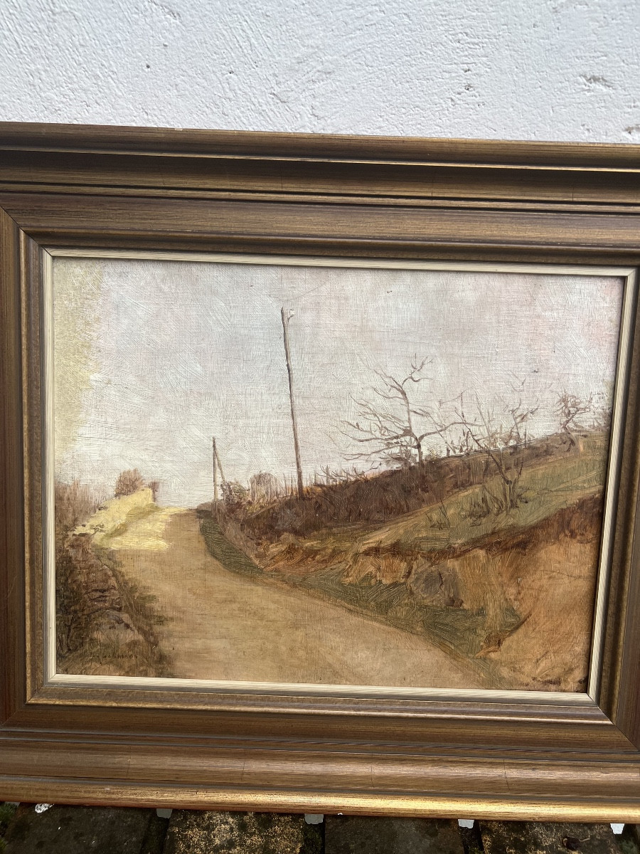 Peinture sur bois signé Leon LEHMANN chemin dans les vignes-photo-1