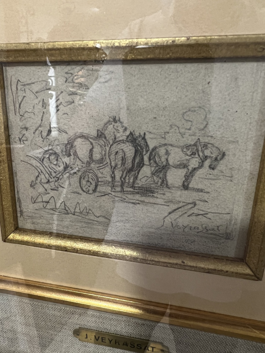 Drawings Signed Jule Jacques Veyrassat. Groups Of Horses-photo-2