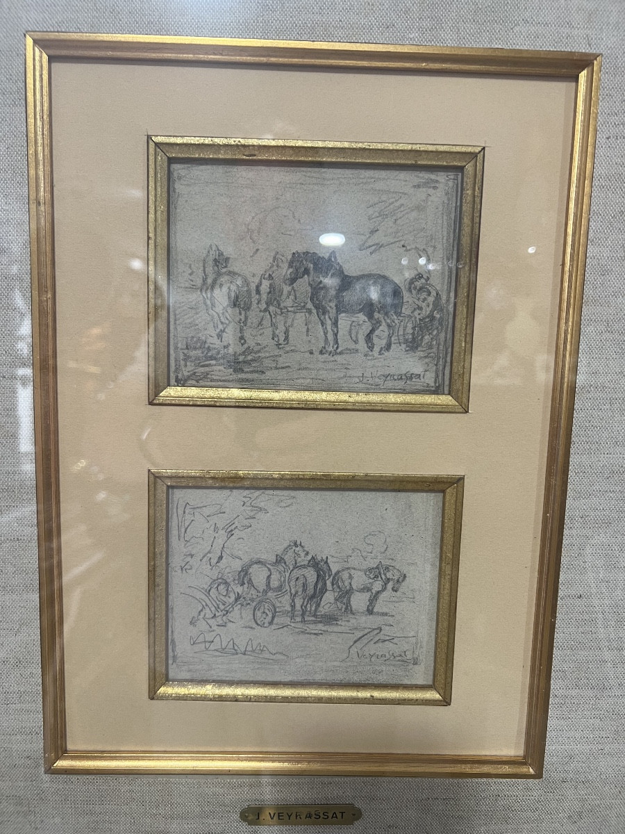 Drawings Signed Jule Jacques Veyrassat. Groups Of Horses-photo-4