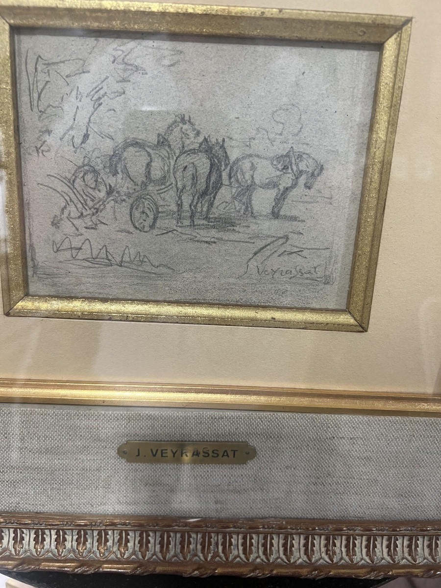Drawings Signed Jule Jacques Veyrassat. Groups Of Horses-photo-2