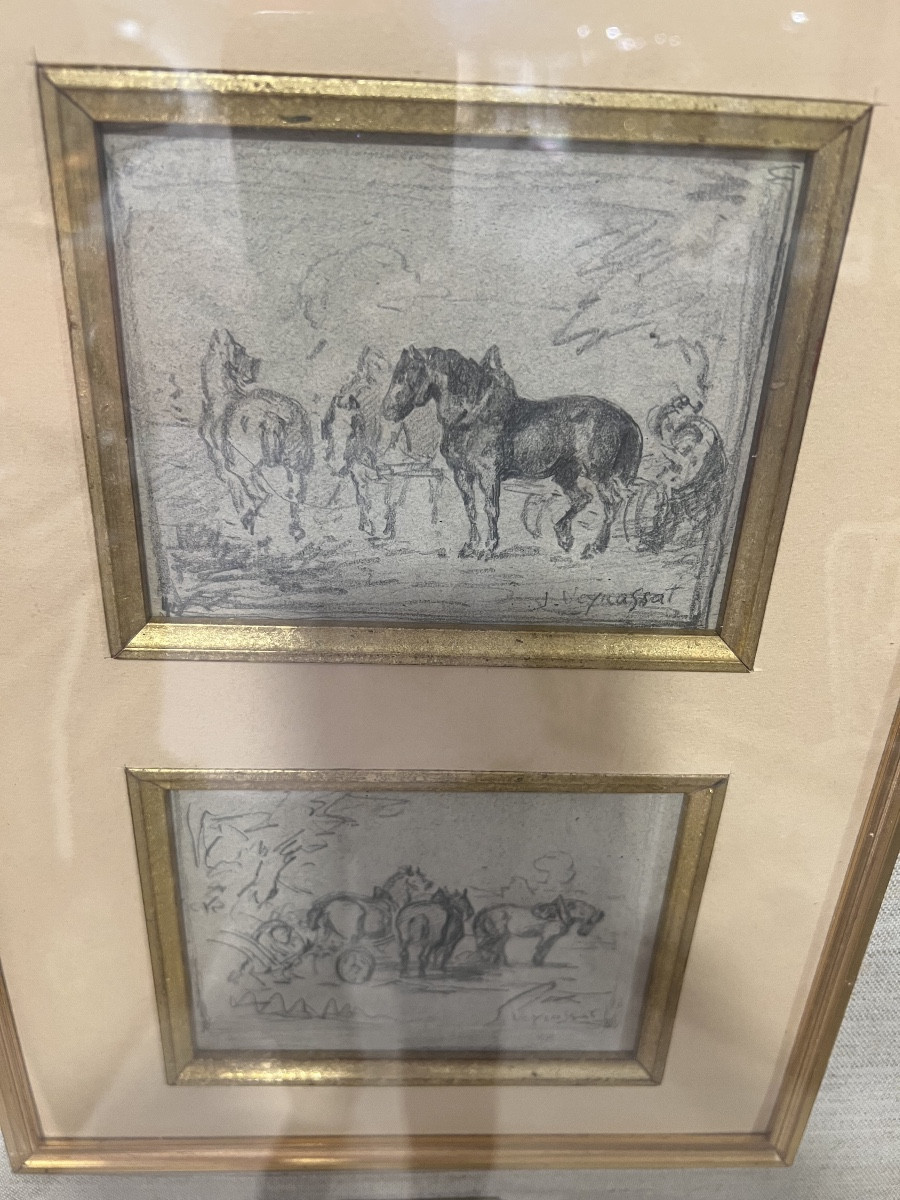 Drawings Signed Jule Jacques Veyrassat. Groups Of Horses-photo-4