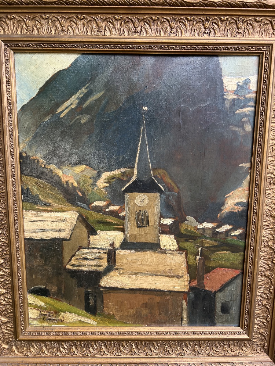 Painting Signed Joseph Victor Communal Church Of Pralognan-photo-1