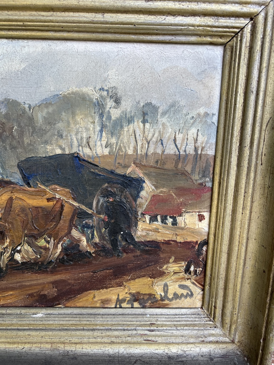 Peinture signée Adrienne JOUCLARD.  Les boeufs-photo-2