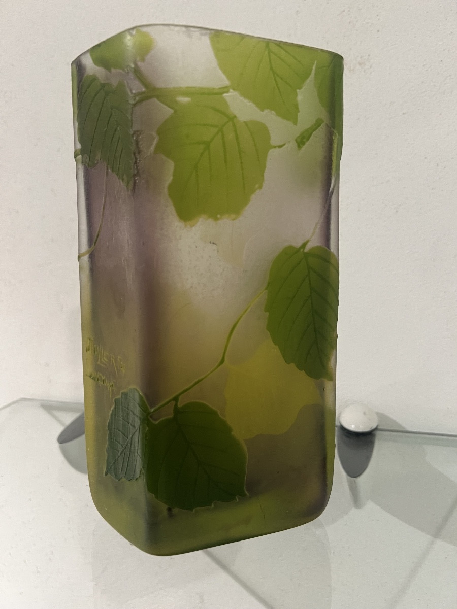 Vase Muller Frères Luneville décor de feuilles avec application -photo-1