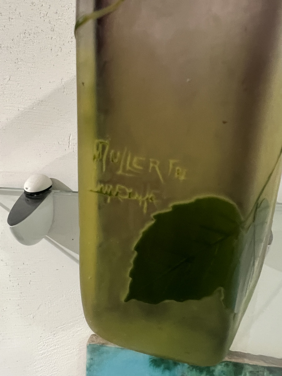 Vase Muller Frères Luneville décor de feuilles avec application -photo-4