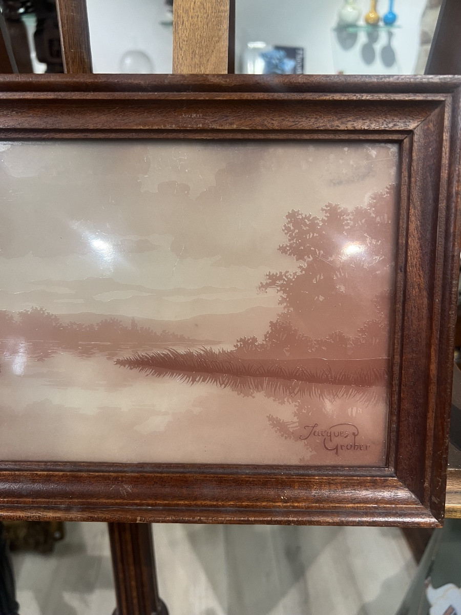 Glass Painting Engraved By Jacques Gruber Lake Landscape-photo-2