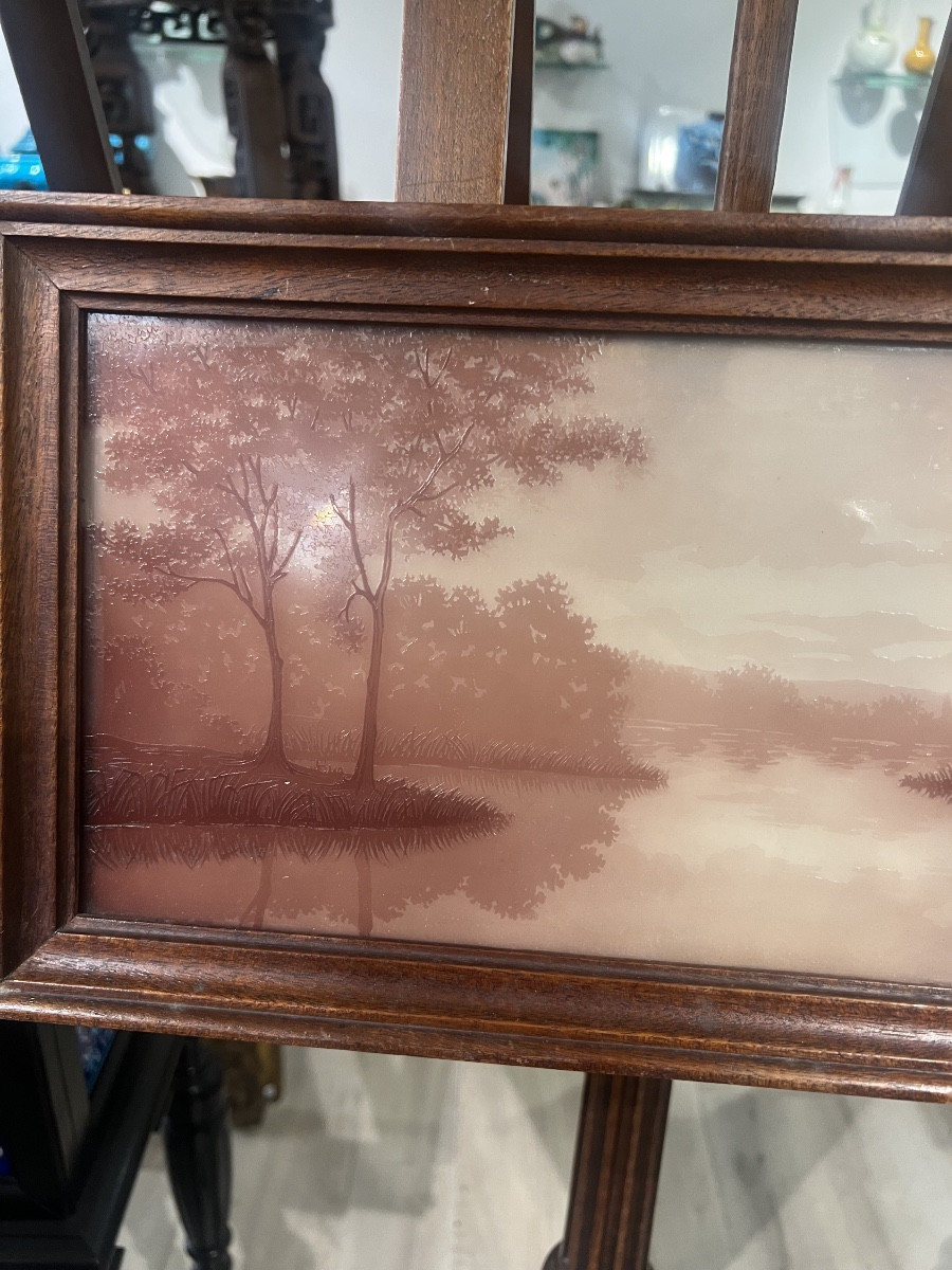 Glass Painting Engraved By Jacques Gruber Lake Landscape-photo-2