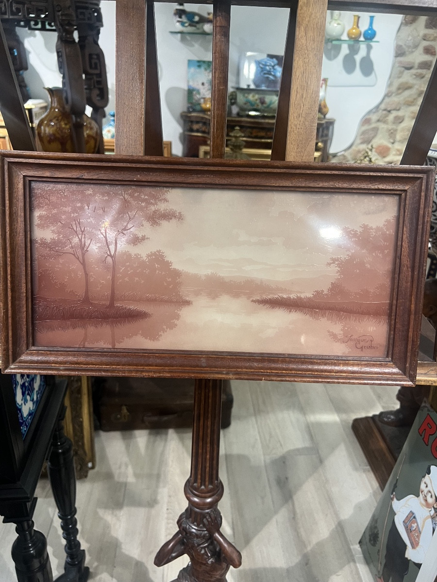 Glass Painting Engraved By Jacques Gruber Lake Landscape-photo-3