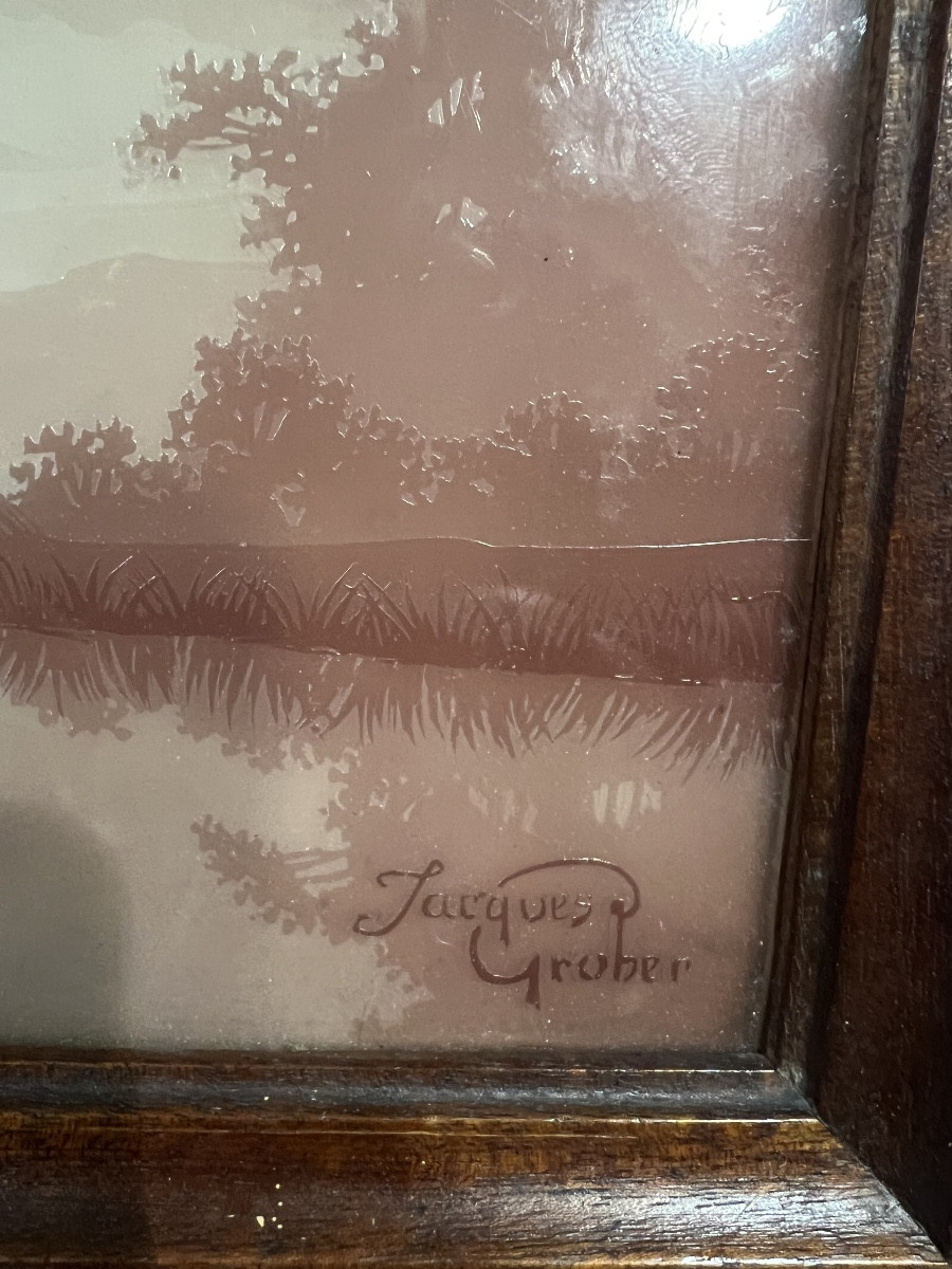Glass Painting Engraved By Jacques Gruber Lake Landscape-photo-4