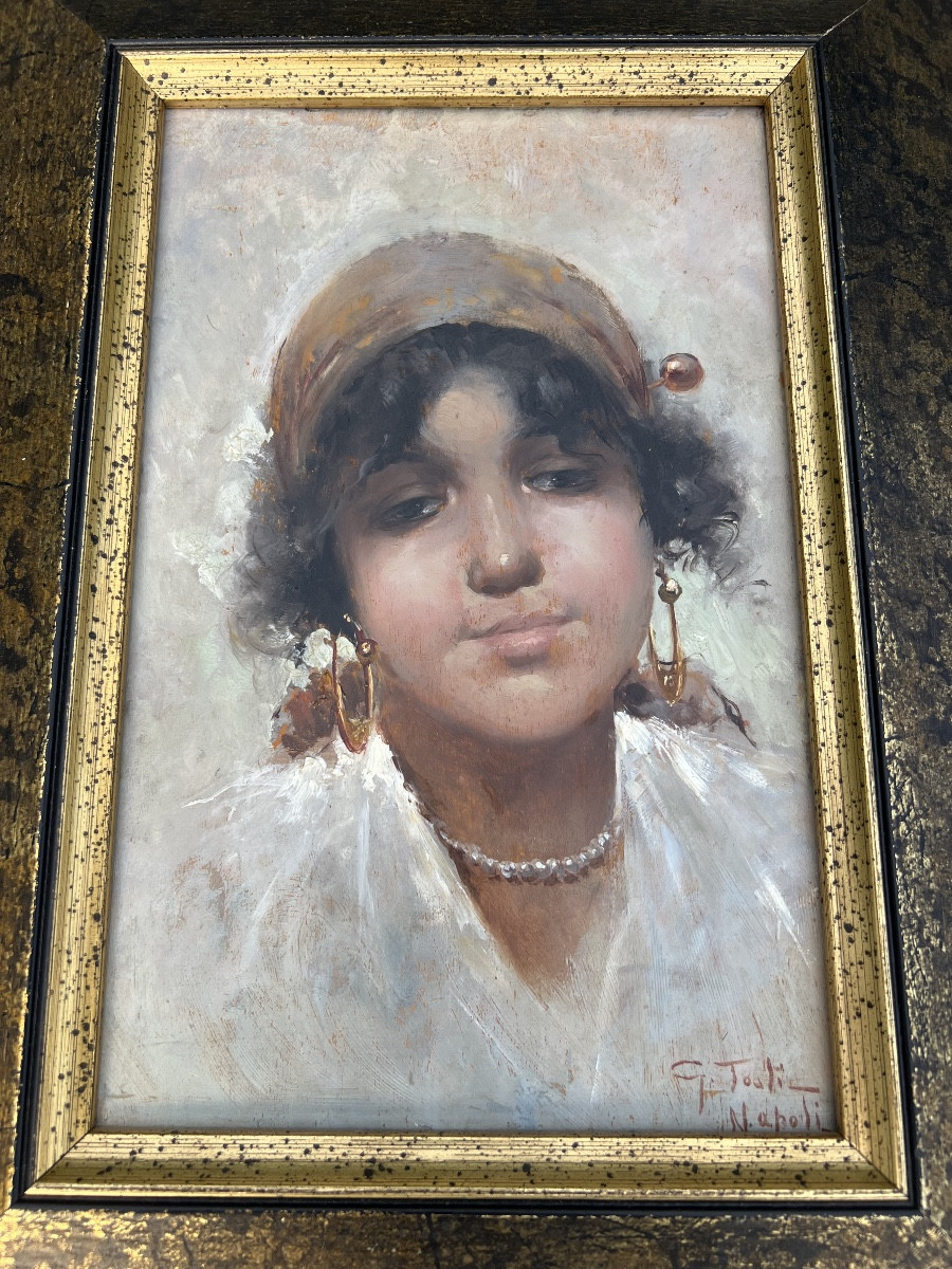 Oil On Panel By Giuseppe Tosti In Naples, Portrait Of A Young Italian Woman-photo-2