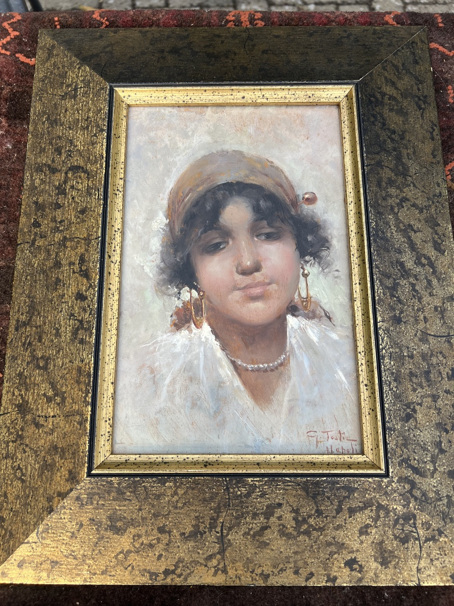 Oil On Panel By Giuseppe Tosti In Naples, Portrait Of A Young Italian Woman-photo-1