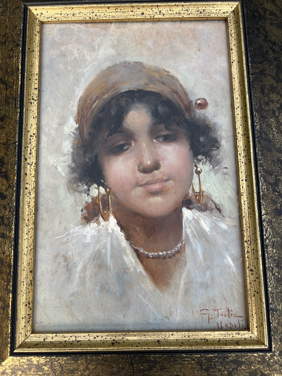 Oil On Panel By Giuseppe Tosti In Naples, Portrait Of A Young Italian Woman-photo-4