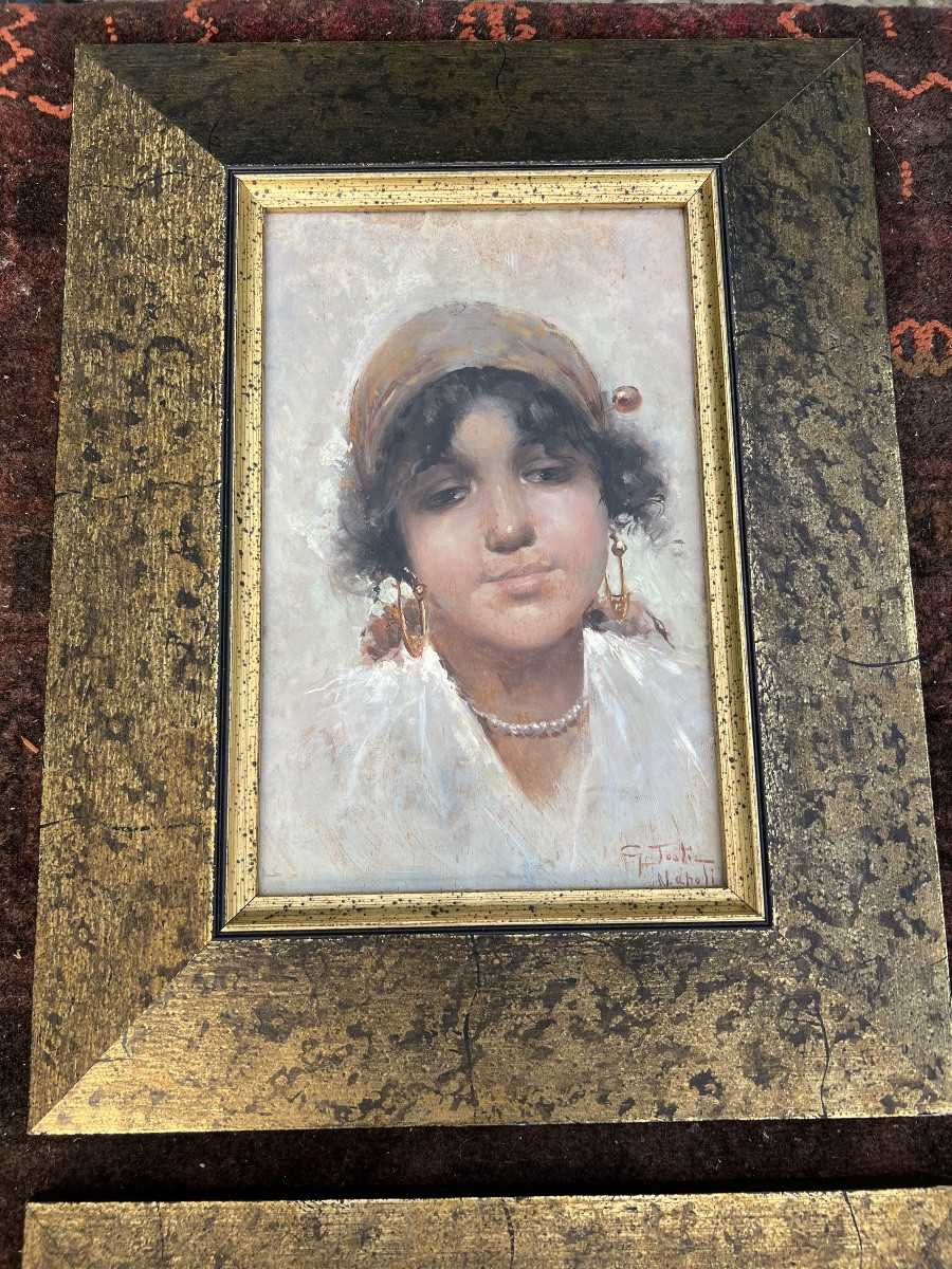 Oil On Panel By Giuseppe Tosti In Naples, Portrait Of A Young Italian Woman