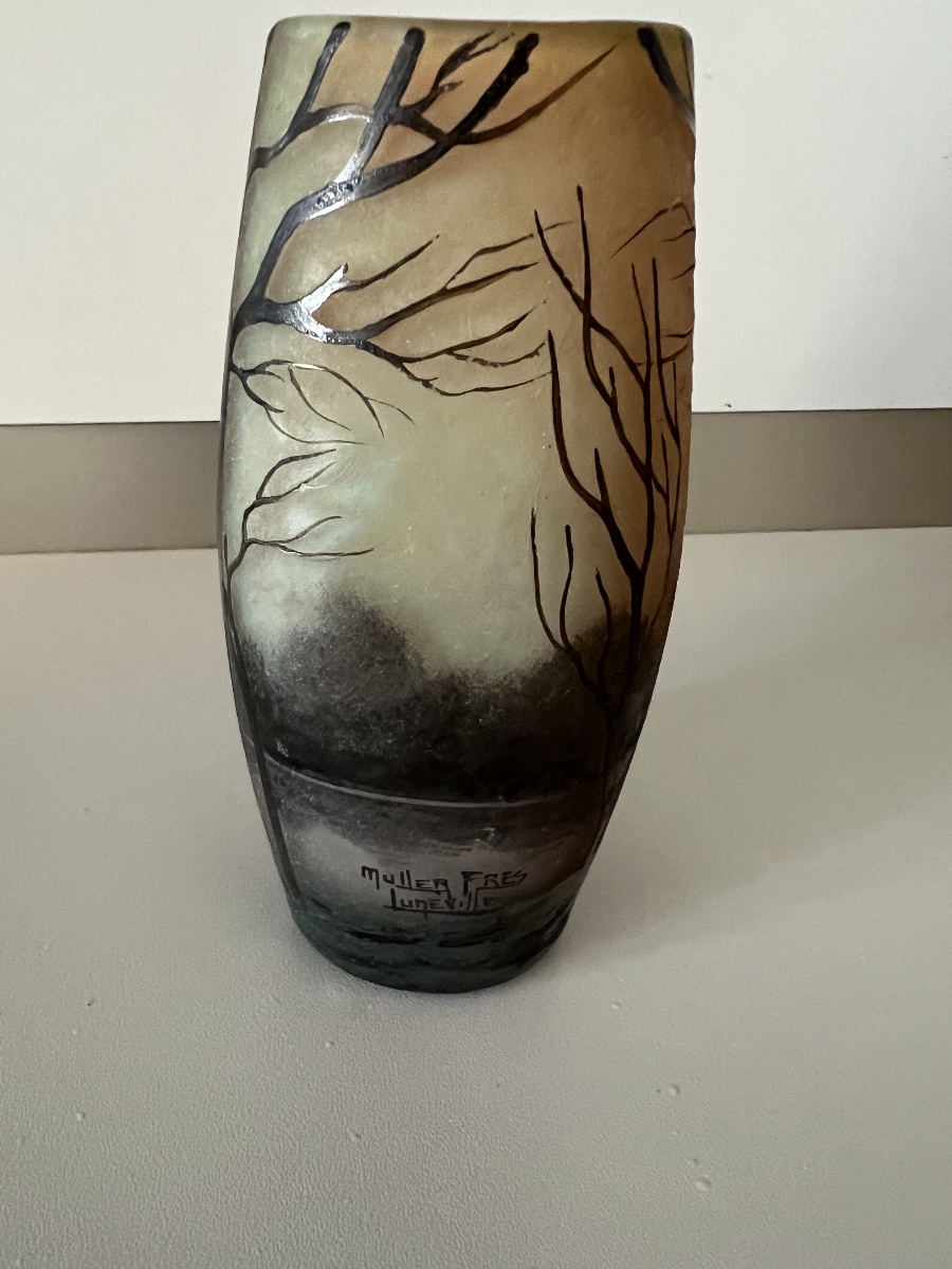 Vase Muller Frères Luneville paysage lacustre gravé à l’acide-photo-1