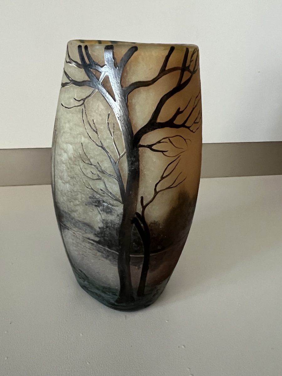 Vase Muller Frères Luneville paysage lacustre gravé à l’acide-photo-3