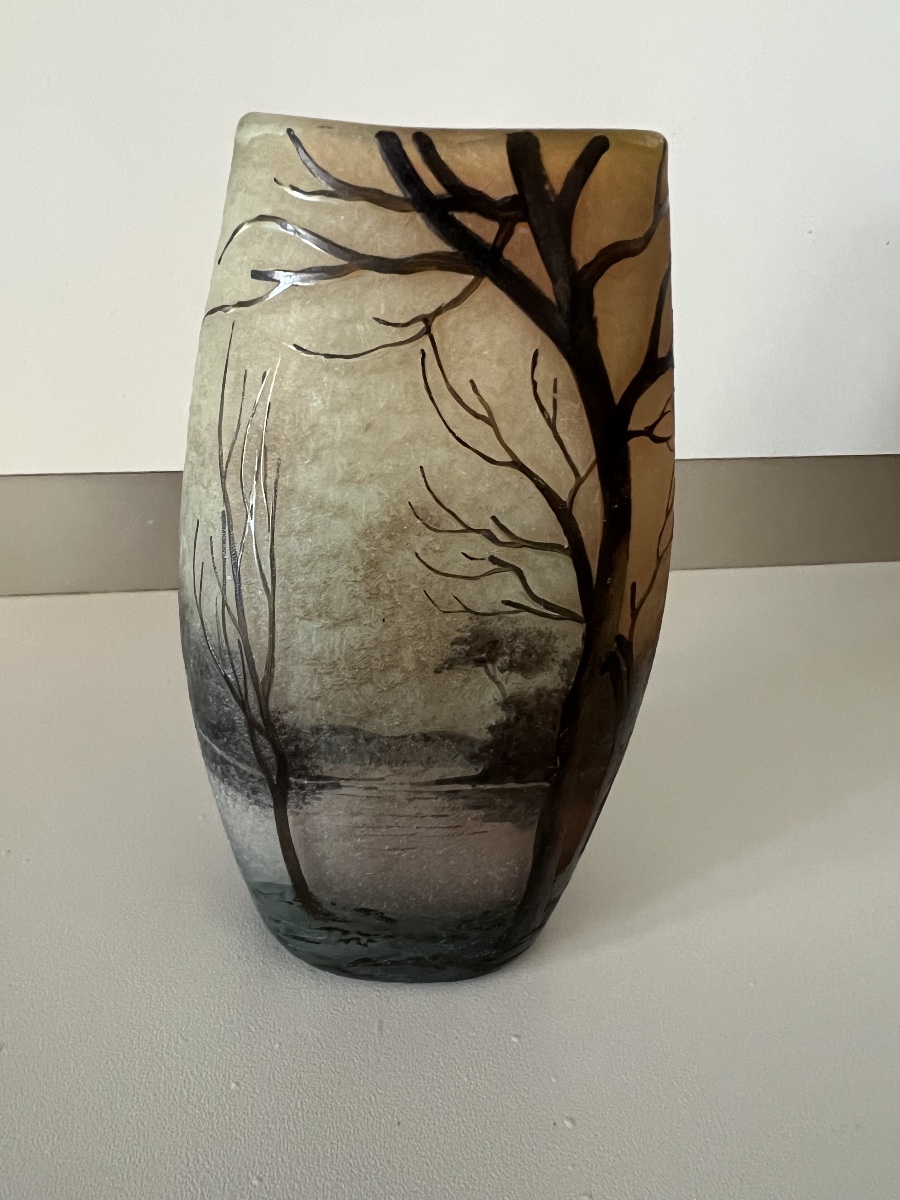 Vase Muller Frères Luneville paysage lacustre gravé à l’acide