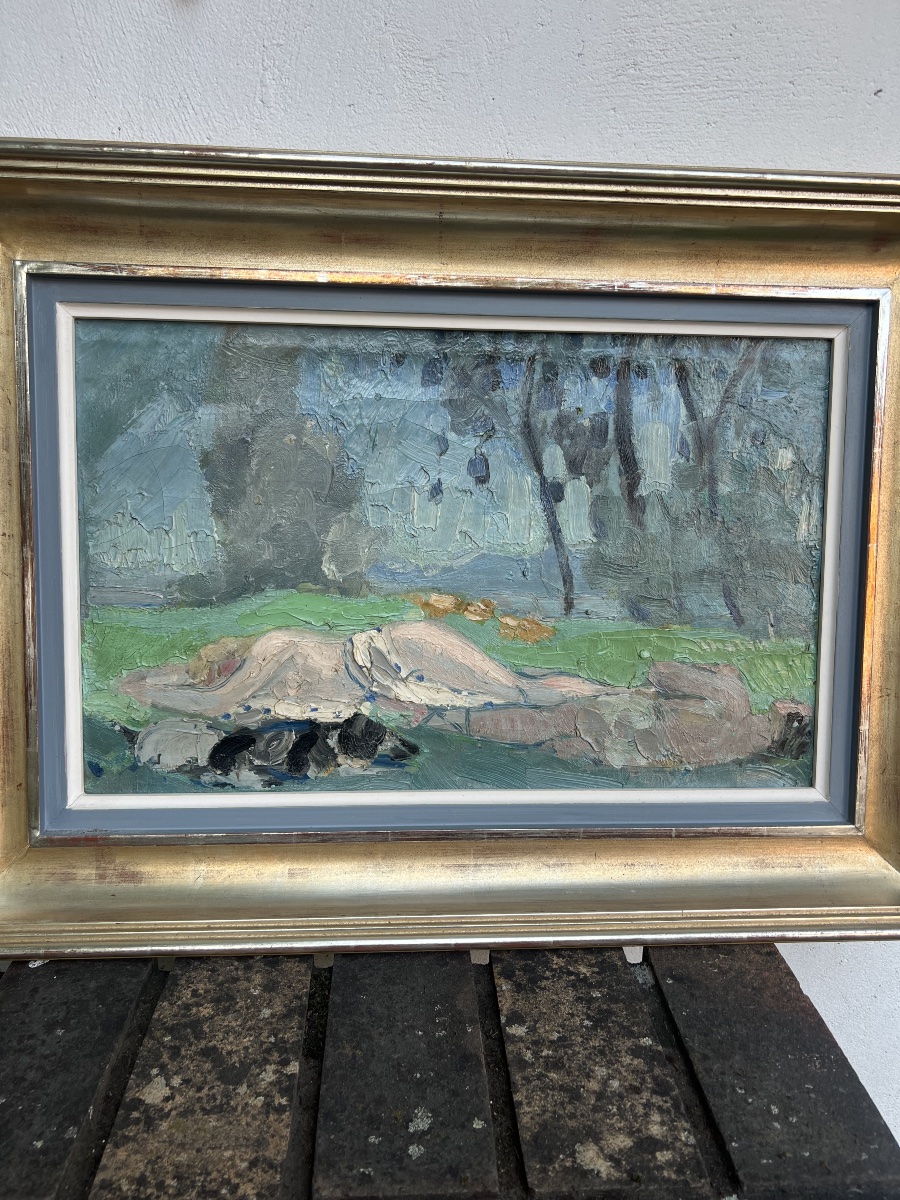 Peinture huile sur toile Jacqueline MARVAL , Daphné et Chloé couches 1913