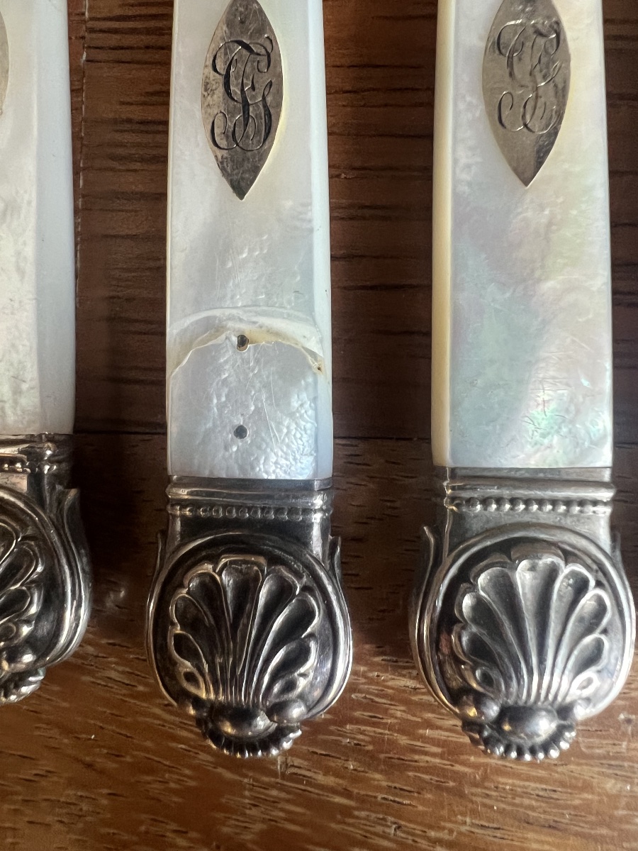 12 Solid Silver Fruit Knives With Mother-of-pearl Handles-photo-3