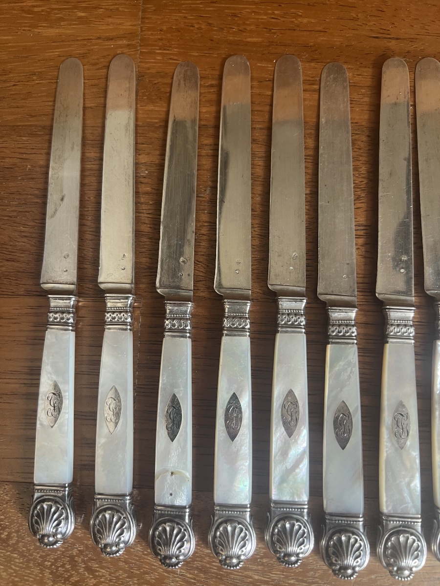 12 Solid Silver Fruit Knives With Mother-of-pearl Handles-photo-4