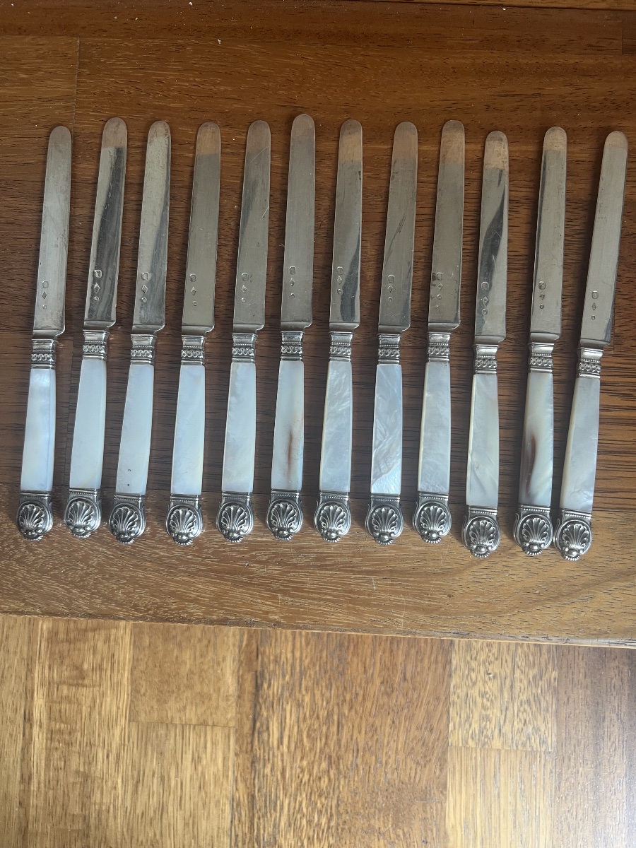 12 Solid Silver Fruit Knives With Mother-of-pearl Handles-photo-2