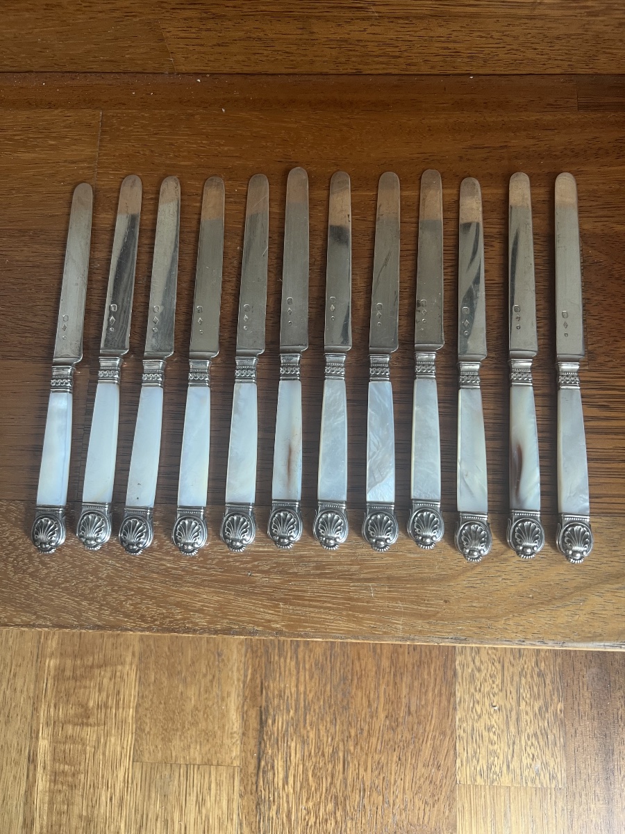 12 Solid Silver Fruit Knives With Mother-of-pearl Handles-photo-3