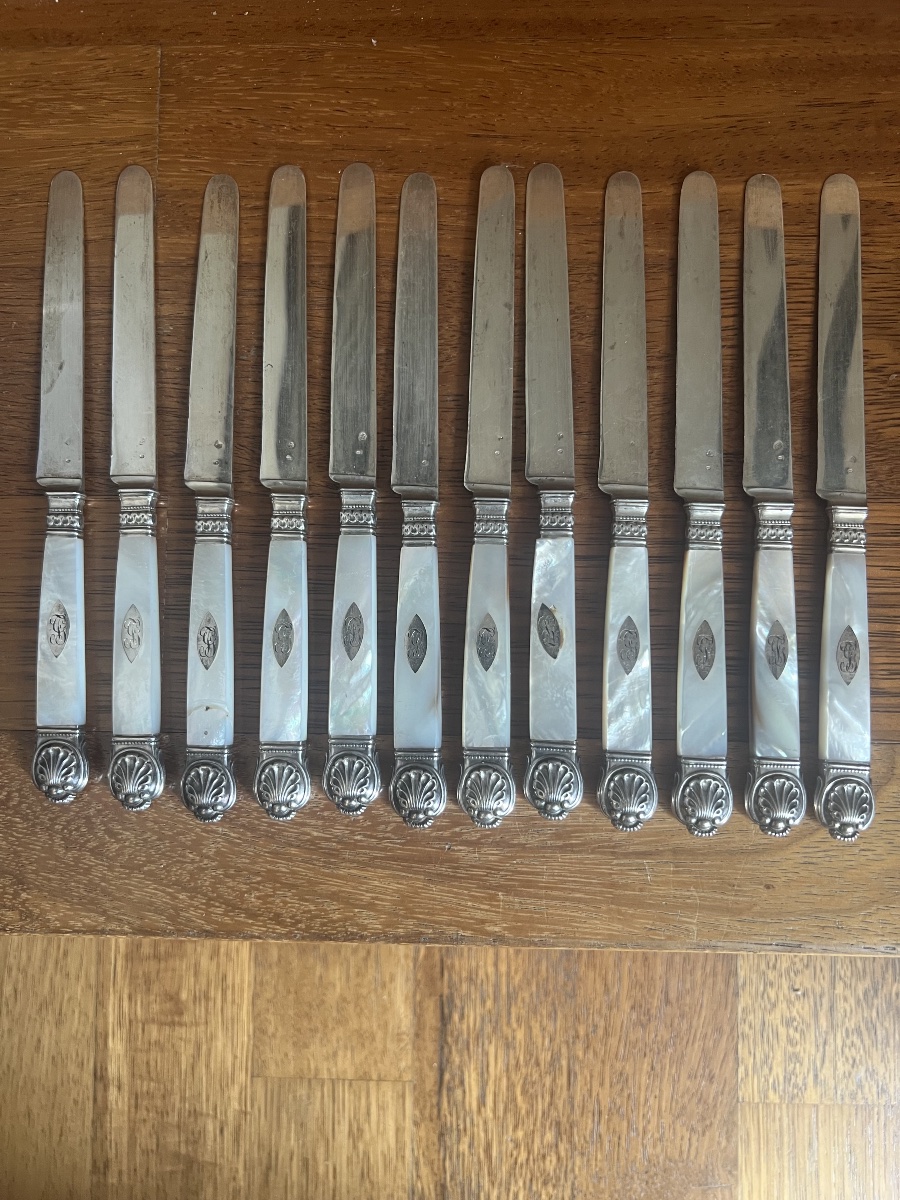 12 Solid Silver Fruit Knives With Mother-of-pearl Handles