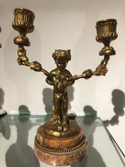 Pair Of Small Torches With Two Branches Signed Clodion Gilt Bronze-photo-1