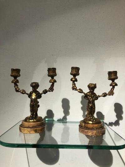 Pair Of Small Torches With Two Branches Signed Clodion Gilt Bronze-photo-3