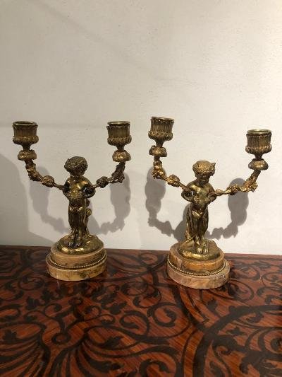 Pair Of Small Torches With Two Branches Signed Clodion Gilt Bronze
