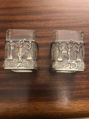 Pair Of Small Square Vases Mounted 800 Silver Empire Style Interior Original Crystal