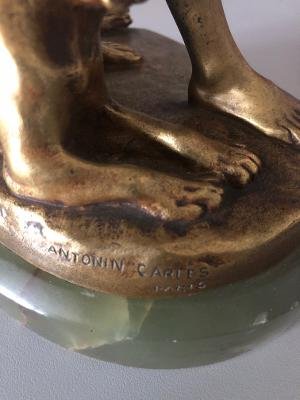 Statue bronze doré jeune garçon tenant une coupe signé ANTONIN CARLES fondeur SIOT-photo-2