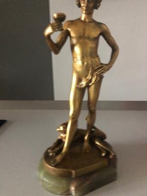 Statue bronze doré jeune garçon tenant une coupe signé ANTONIN CARLES fondeur SIOT-photo-4