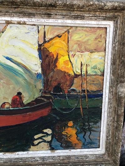 Oil On Panel D. Manago Marine Sailboats In Port-photo-2