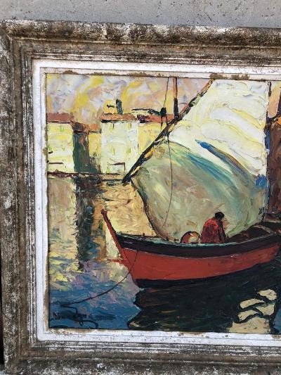 Oil On Panel D. Manago Marine Sailboats In Port-photo-3