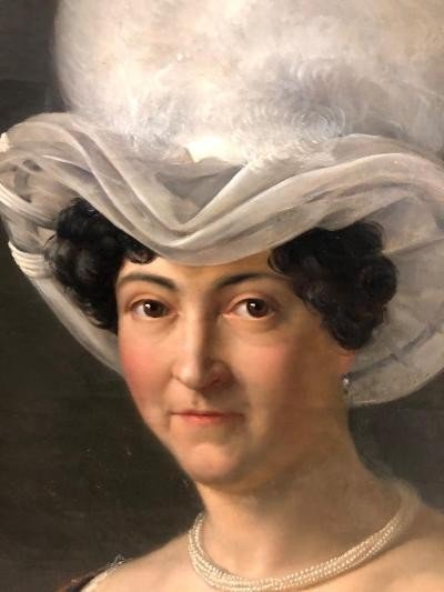 Portrait De Femme Au Chapeau époque Empire Dans Son Cadre d'époque-photo-2