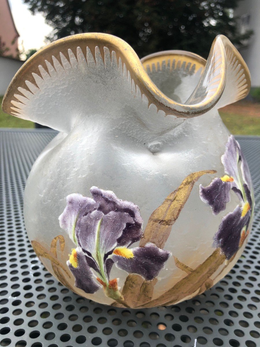 Montjoie Vase Frosted Background Decor In Gold And Enamelled Iris Flowers-photo-2