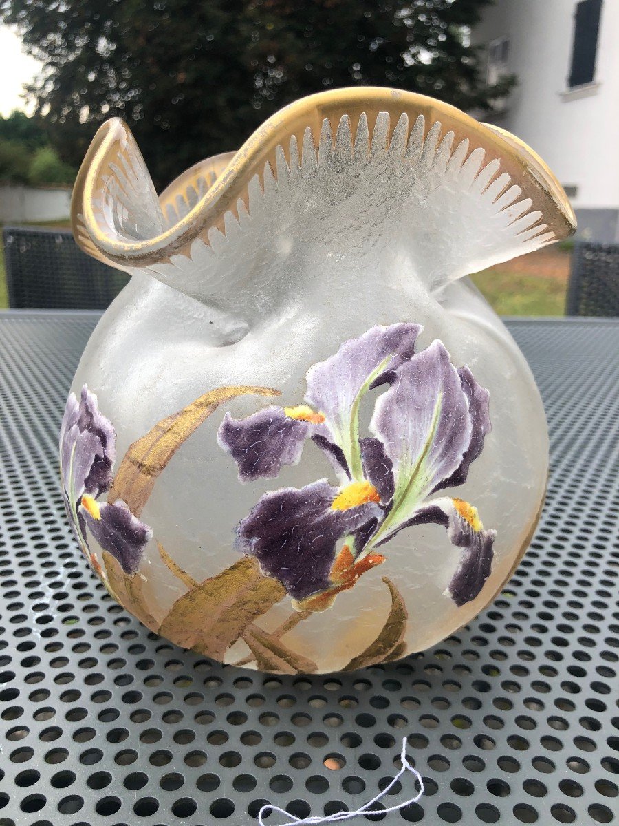 Vase Montjoie Fond Givré Décor A l'Or Et Fleurs Iris émaillées