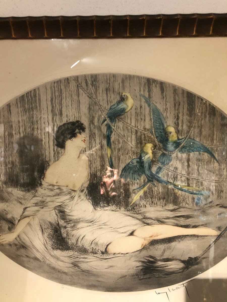 Superb Louis Icart Engraving Woman With Three Parrots-photo-2