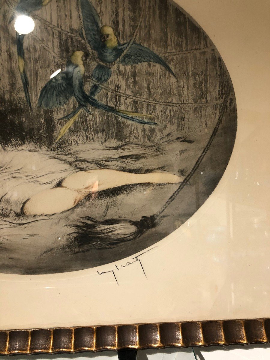 Louis Icart Engraving Woman With Three Parrots-photo-3