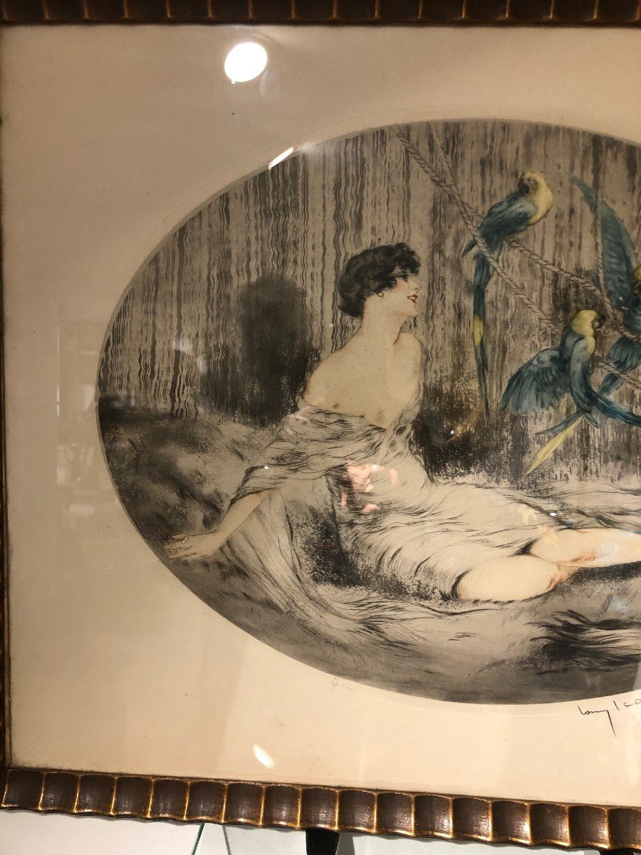 Superb Louis Icart Engraving Woman With Three Parrots-photo-1